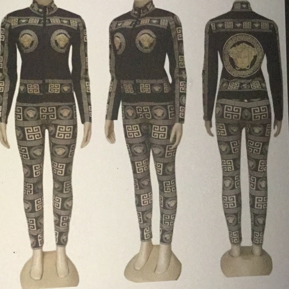 Black and Gold Ornate Track Pants with Medallion Patterns